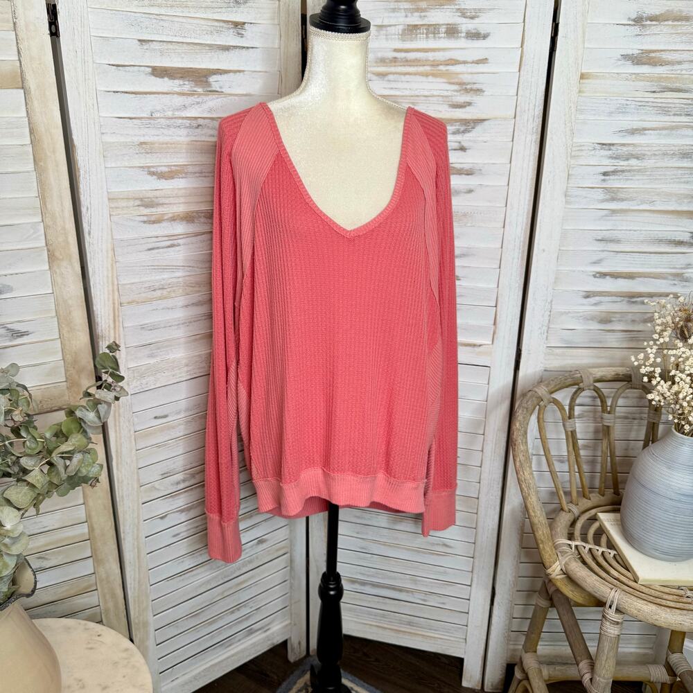FREE PEOPLE Women's Large Santa Clara Oversized V Neck Thermal Sweater Top Pink - Picture 4 of 14